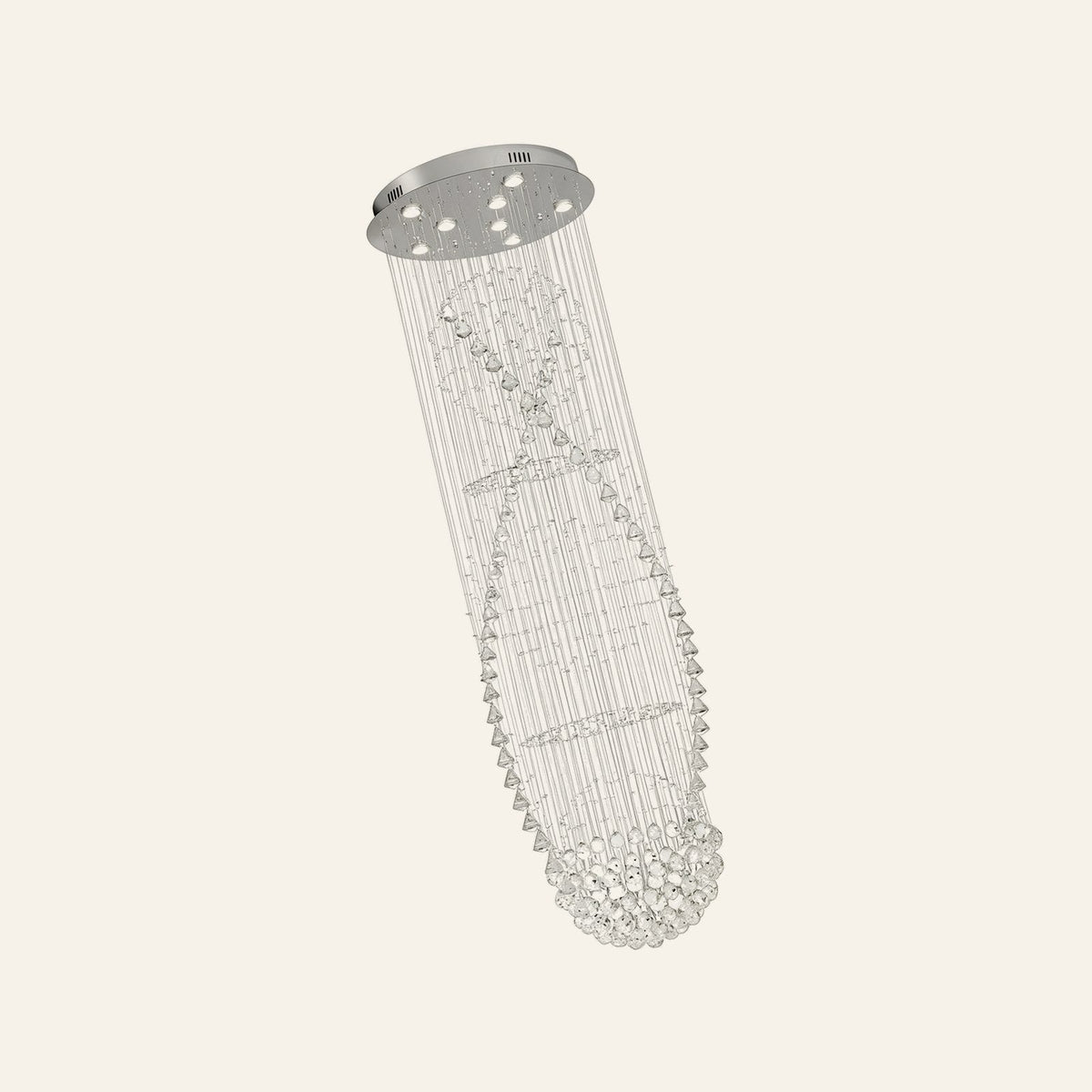 Colonne — lustre en acier inoxydable et cristal présenté sur fond ivoire