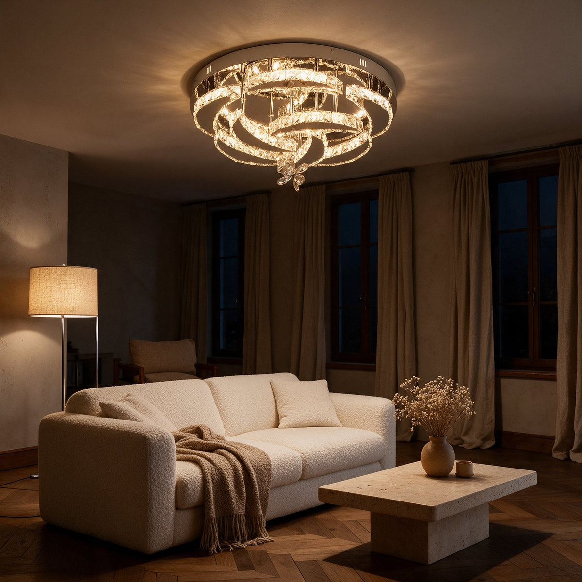 Constellation — plafonnier en cristal dans un salon en soirée