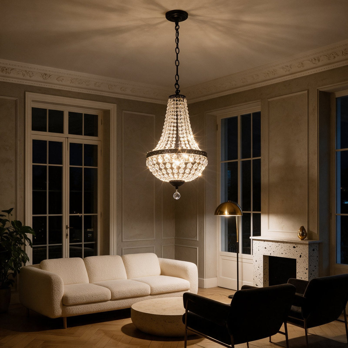 Régence — lustre en cristal dans un salon en soirée