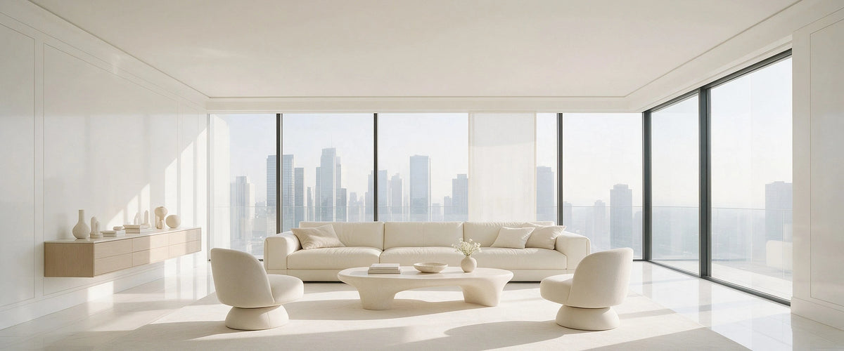 Grand salon penthouse, sol en marbre blanc poli et baie vitrée toute hauteur