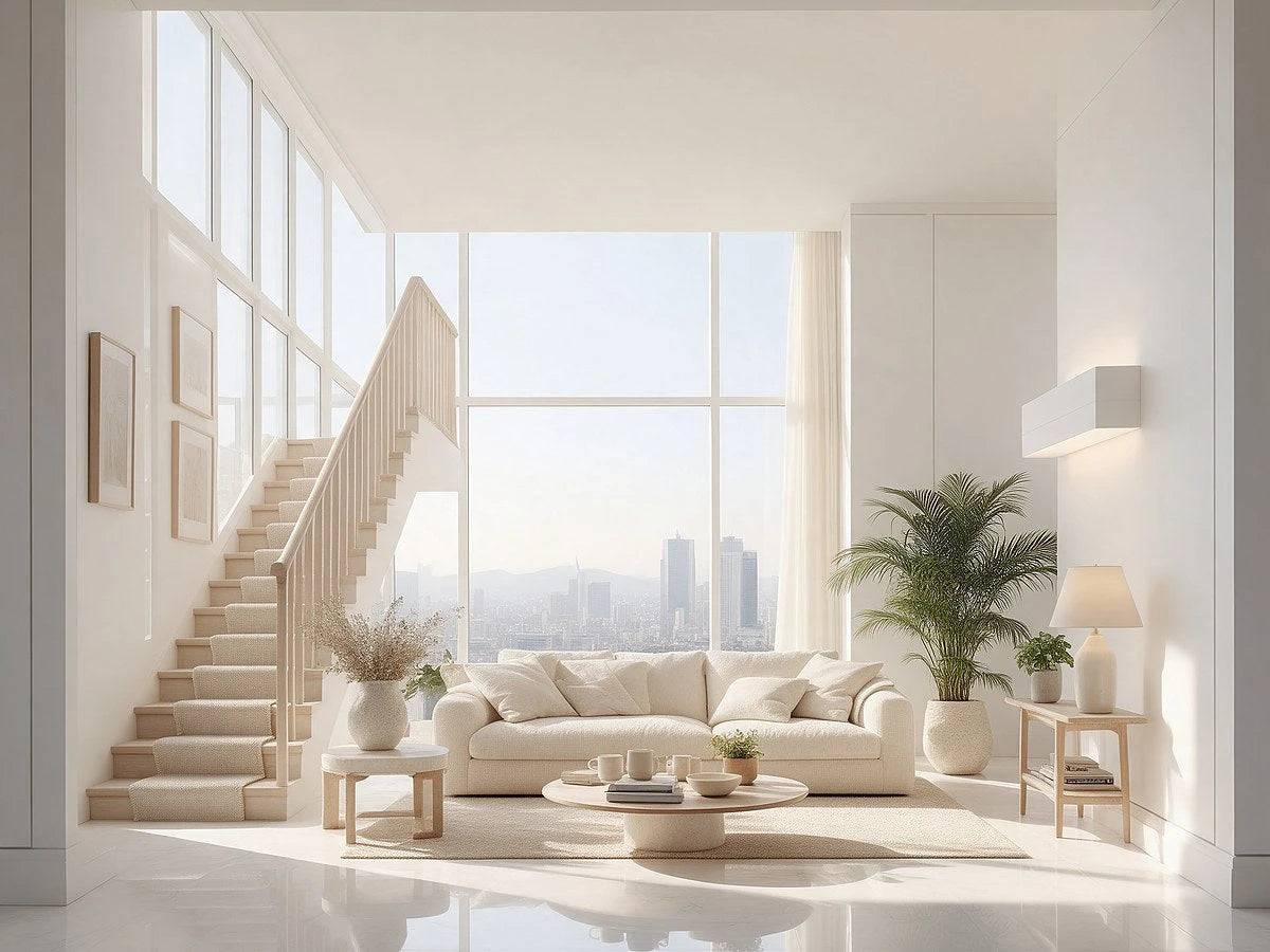 Escalier et séjour en plein jour, marbre blanc et mobilier ivoire Image