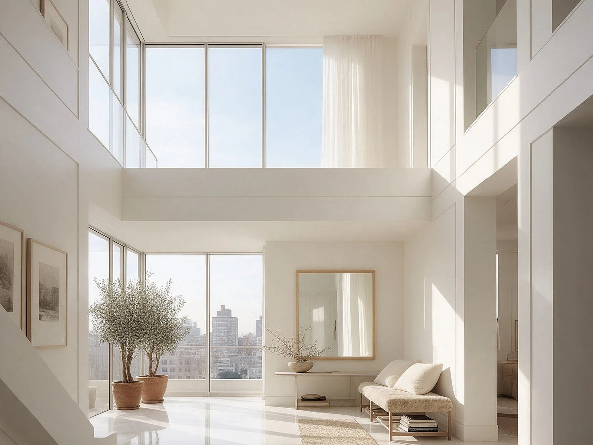 Séjour double hauteur, sol en marbre blanc et baie vitrée sur la ville Image