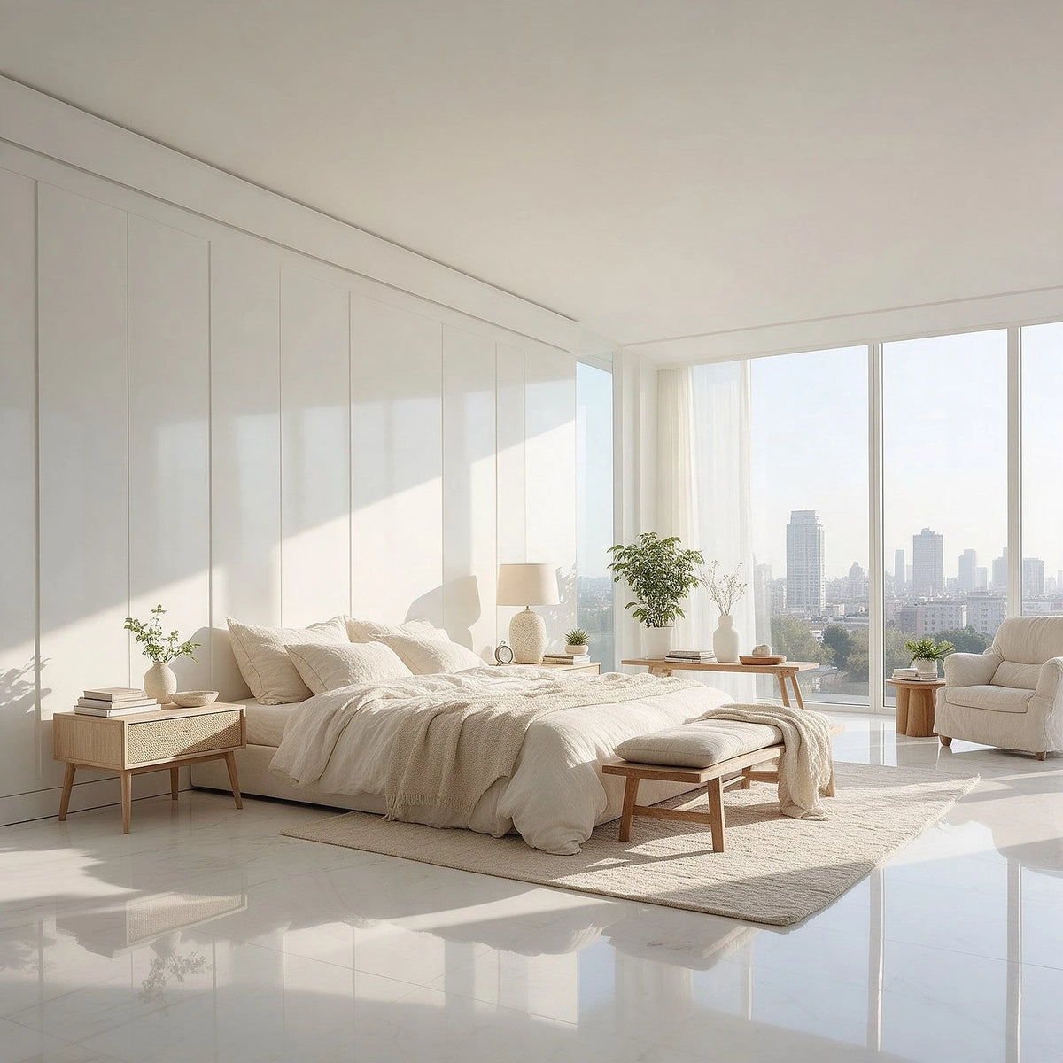 Chambre penthouse, sol en marbre blanc et vue sur la ville Image