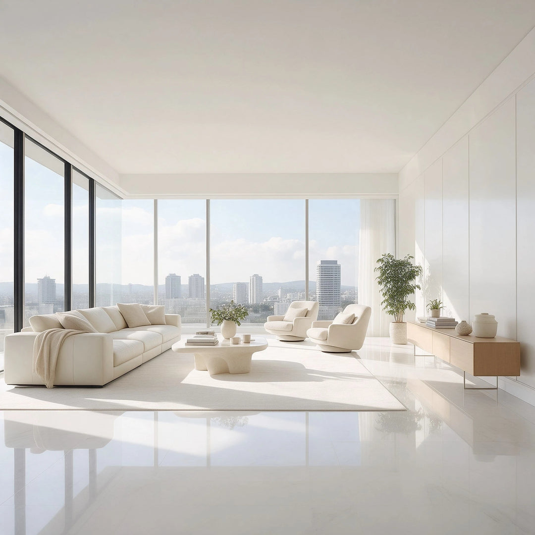 Salon penthouse vu du sol en marbre blanc, baie vitrée et ligne de ville