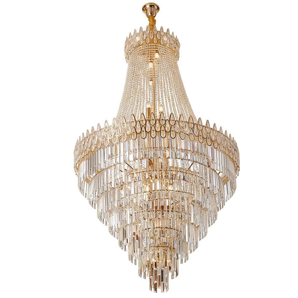 Babel — grand lustre architectural cristal doré 83 × 83 × 47 cm, packshot fond blanc