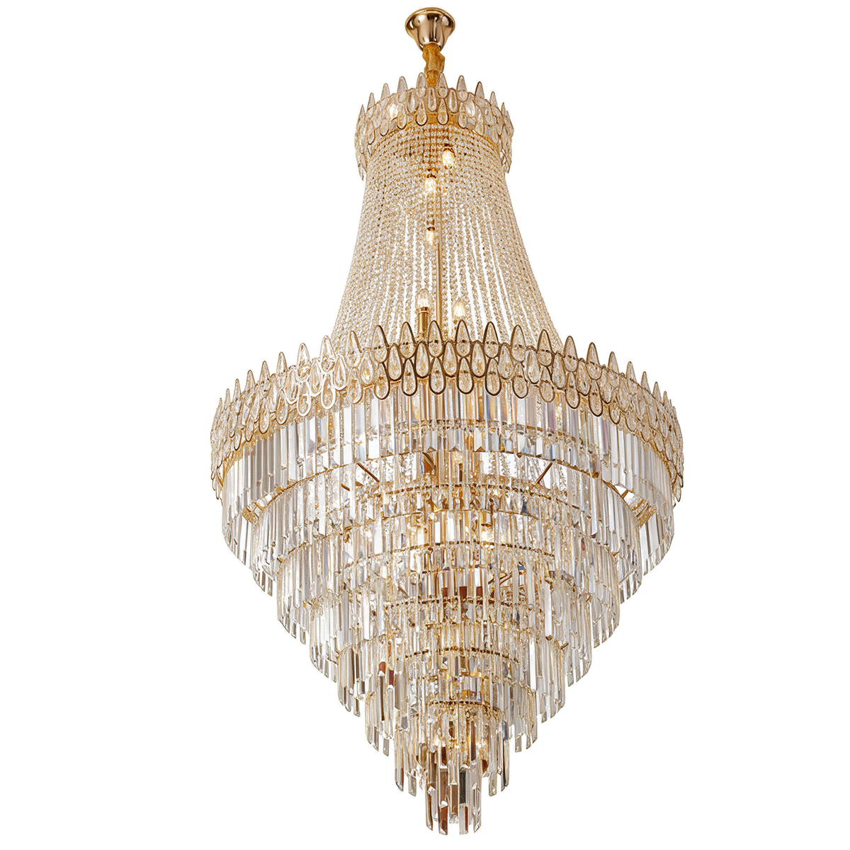 Babel — grand lustre architectural cristal doré 83 × 83 × 47 cm, packshot fond blanc