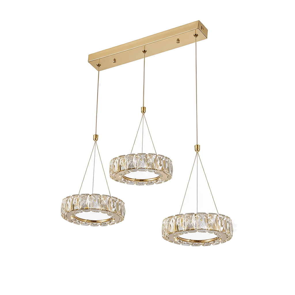 Éclipse — lustre 3 anneaux cristal sur barre dorée L50 cm, packshot fond blanc
