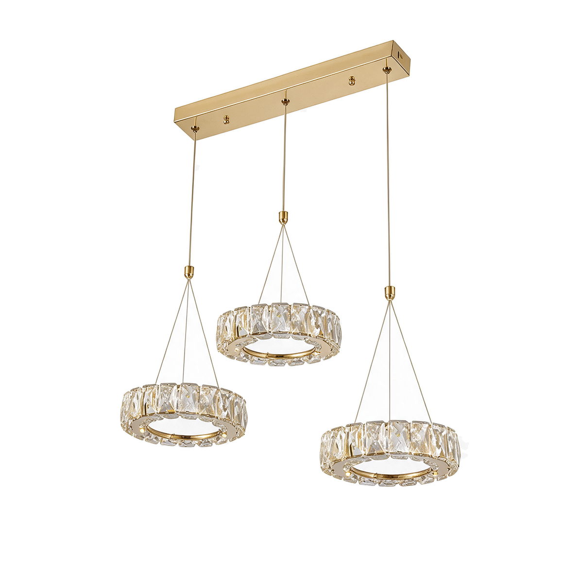 Éclipse — lustre 3 anneaux cristal sur barre dorée L50 cm, packshot fond blanc