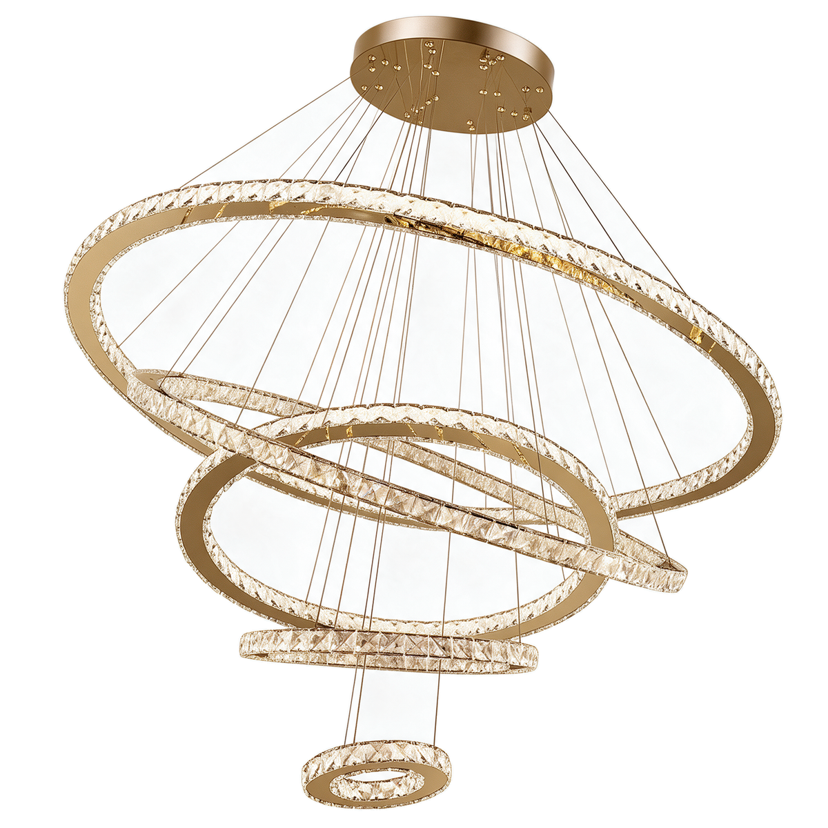 Torrent — grand lustre cascade 5 anneaux cristal LED doré, packshot fond blanc