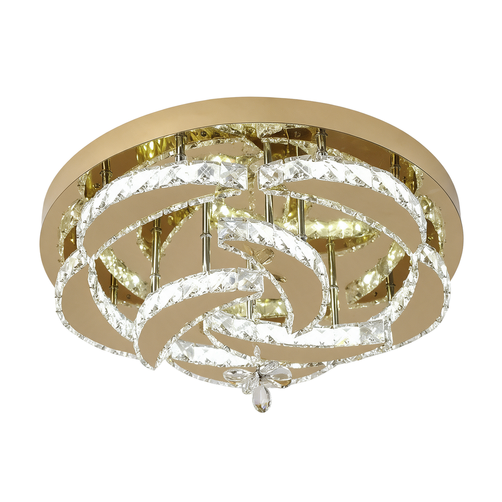 Nimbe — plafonnier anneaux entrelacés cristal LED doré Ø50 cm, packshot fond blanc