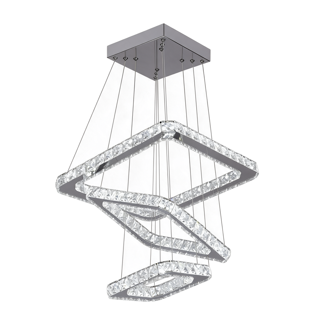Banquise — lustre 3 carrés étagés cristal K9 chrome blanc froid, packshot fond blanc