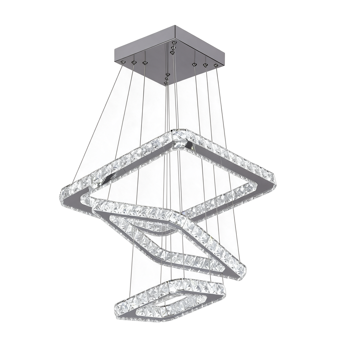 Banquise — lustre 3 carrés étagés cristal K9 chrome blanc froid, packshot fond blanc