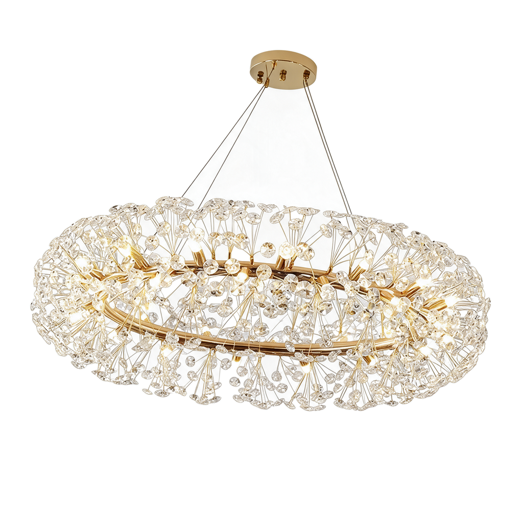 Éclat — lustre rond cristal doré G9 69 × 69 × 39 cm, packshot fond blanc
