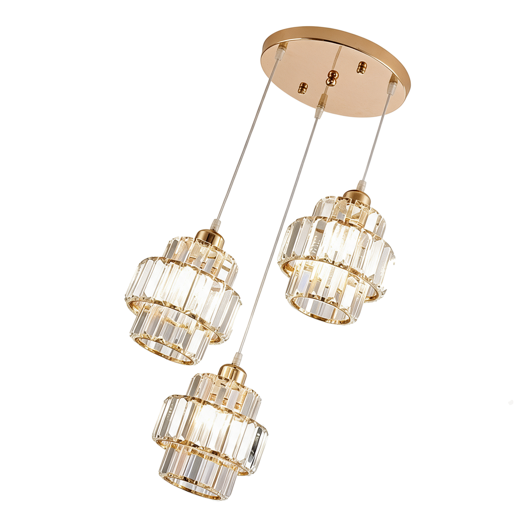 Goutte — lustre 3 suspensions cristal doré LED, base Ø25 cm, packshot fond blanc