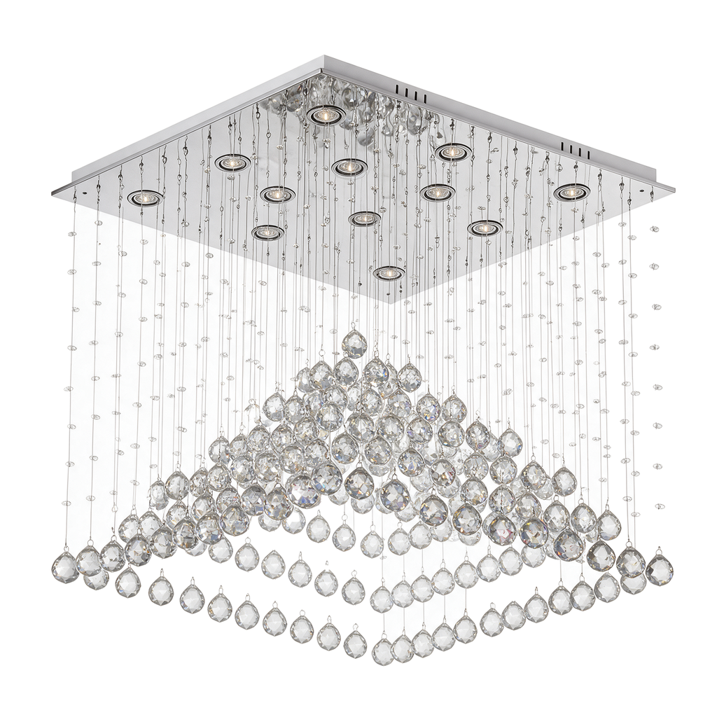 Prisme — lustre pluie de cristal K9 en pyramide L50 cm, packshot fond blanc