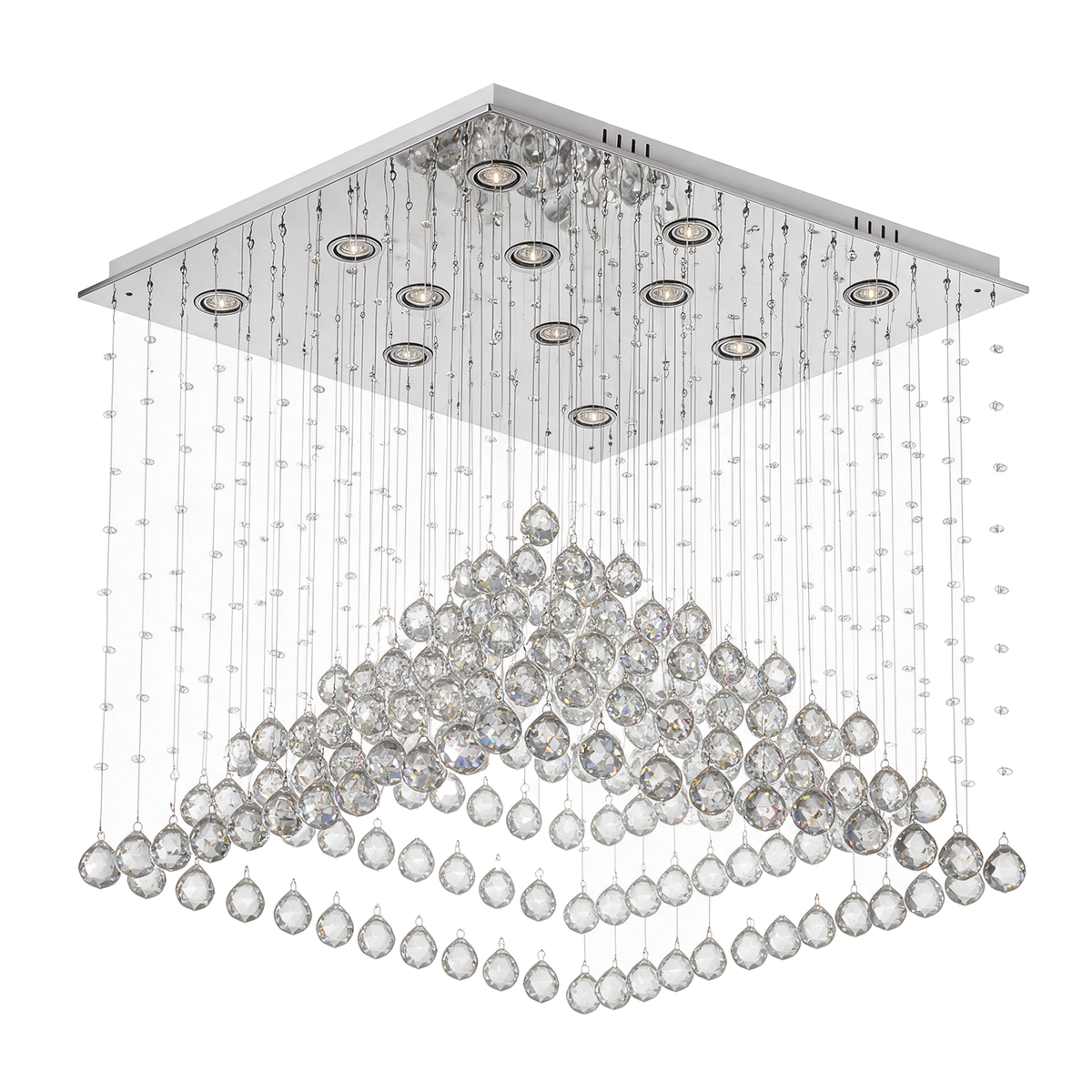 Prisme — lustre pluie de cristal K9 en pyramide L50 cm, packshot fond blanc
