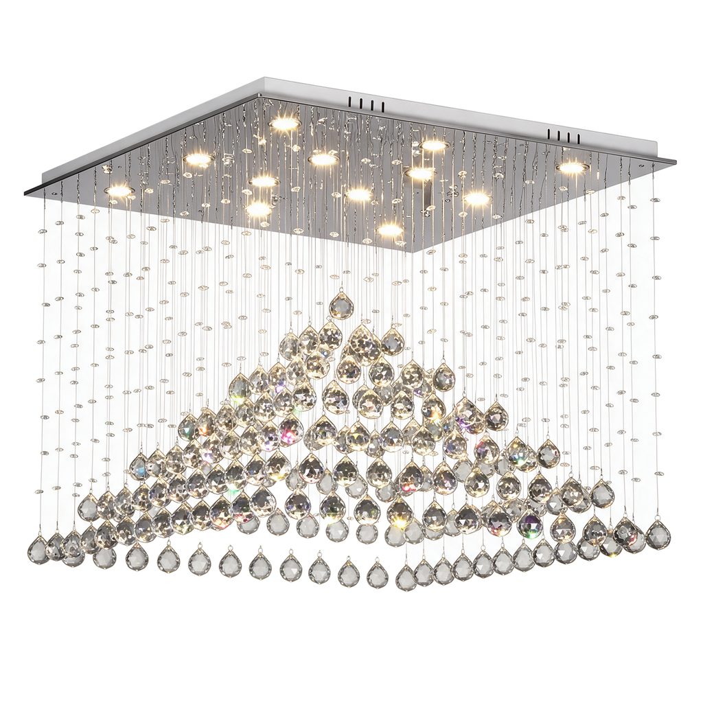 Zénith — lustre pluie de cristal K9 en pyramide L60 cm, packshot fond blanc