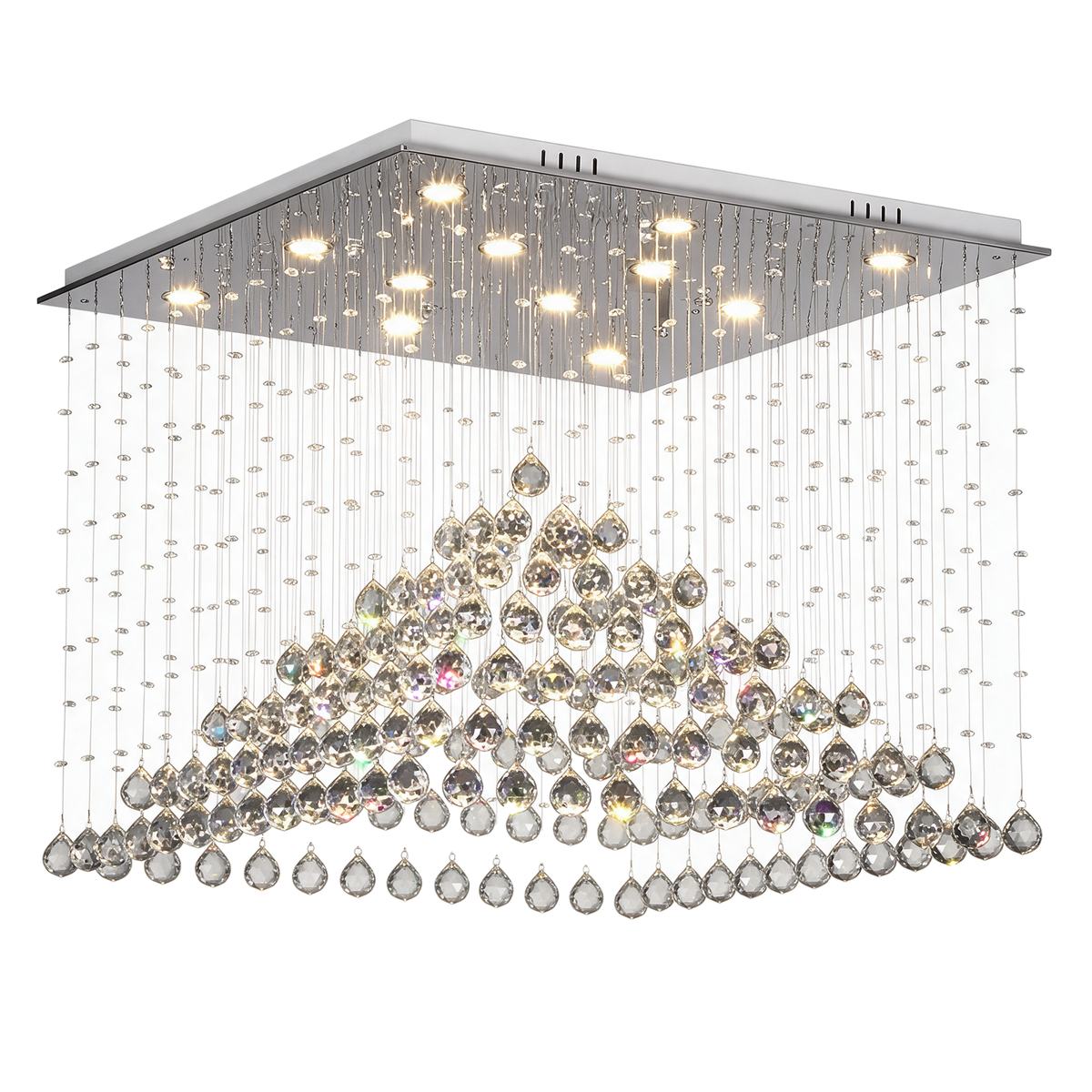 Zénith — lustre pluie de cristal K9 en pyramide L60 cm, packshot fond blanc