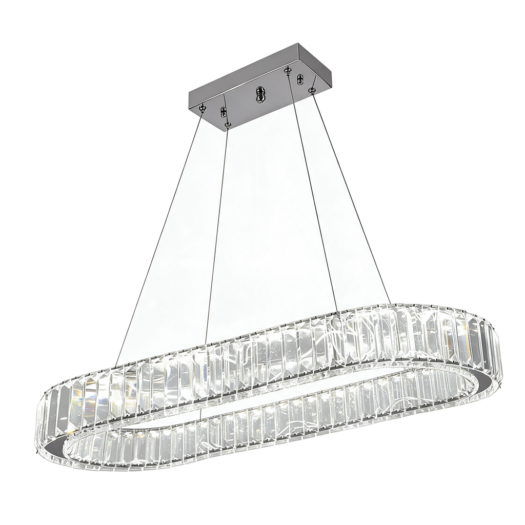 Linéa — lustre linéaire ovale cristal LED chrome 79 × 34 cm, packshot fond blanc