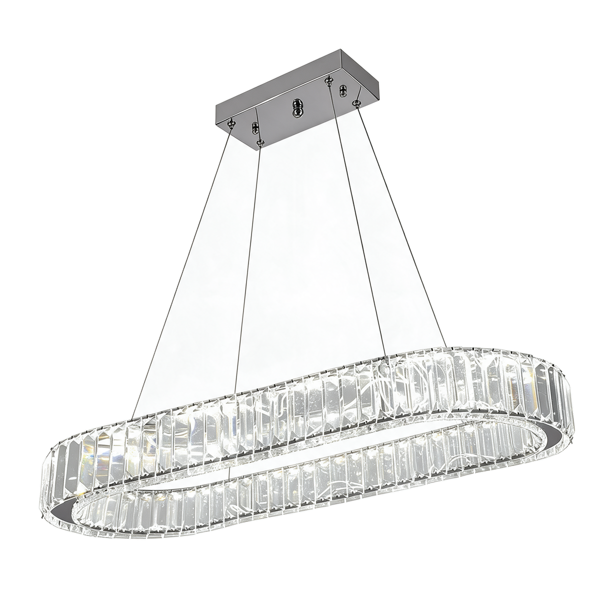 Linéa — lustre linéaire ovale cristal LED chrome 79 × 34 cm, packshot fond blanc