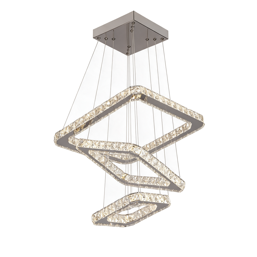 Quadra — lustre 3 carrés cristal 40+30+20 cm, packshot fond blanc