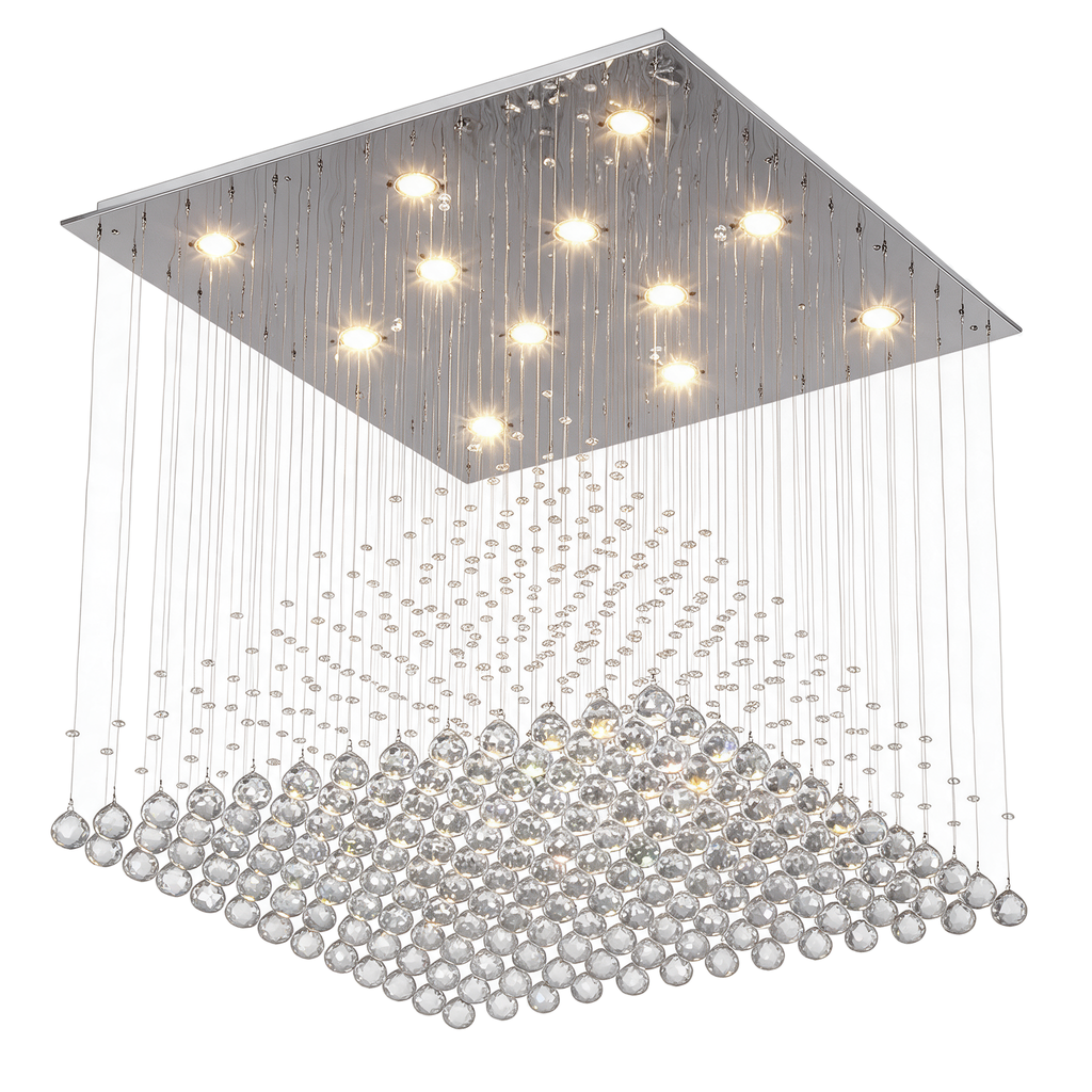 Sillage — lustre pluie de cristal K9 en bloc carré L50 cm, packshot fond blanc