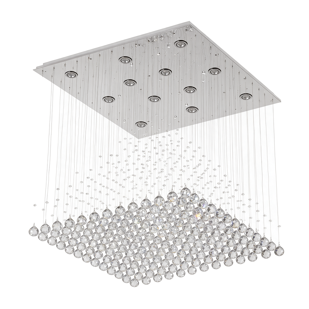 Monolithe — lustre pluie de cristal K9 en bloc carré L60 cm, packshot fond blanc