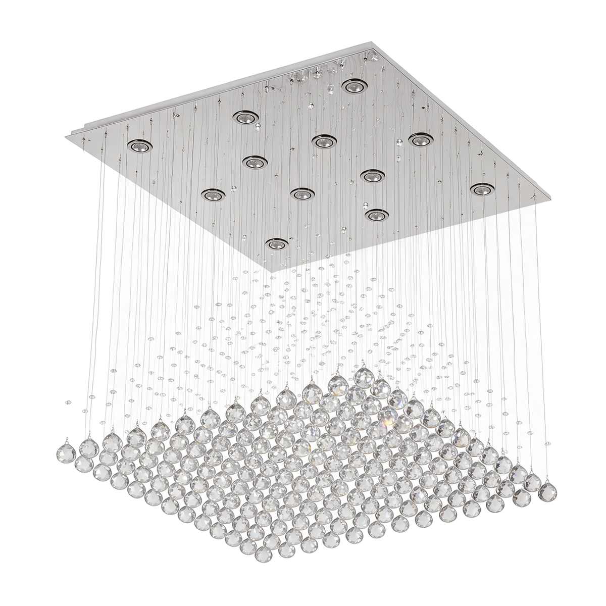 Monolithe — lustre pluie de cristal K9 en bloc carré L60 cm, packshot fond blanc