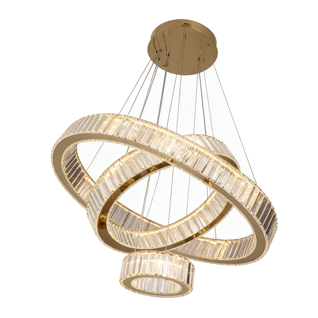 Envol — lustre cristal 3 anneaux dorés Ø20/40/60 cm, packshot fond blanc