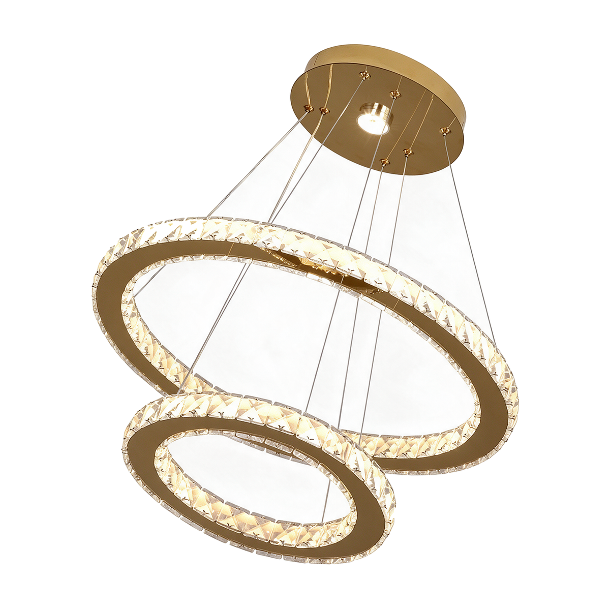 Opulence — lustre cristal 2 anneaux dorés 50 et 30 cm, packshot fond blanc