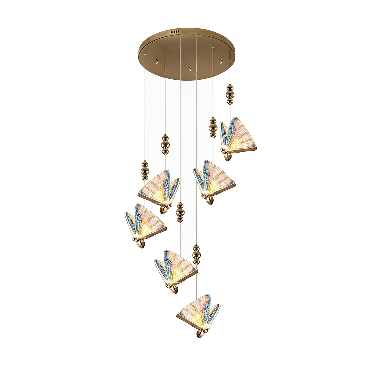 Monarque — lustre papillons en verre irisé coloré LED 52 × 52 cm, packshot fond blanc
