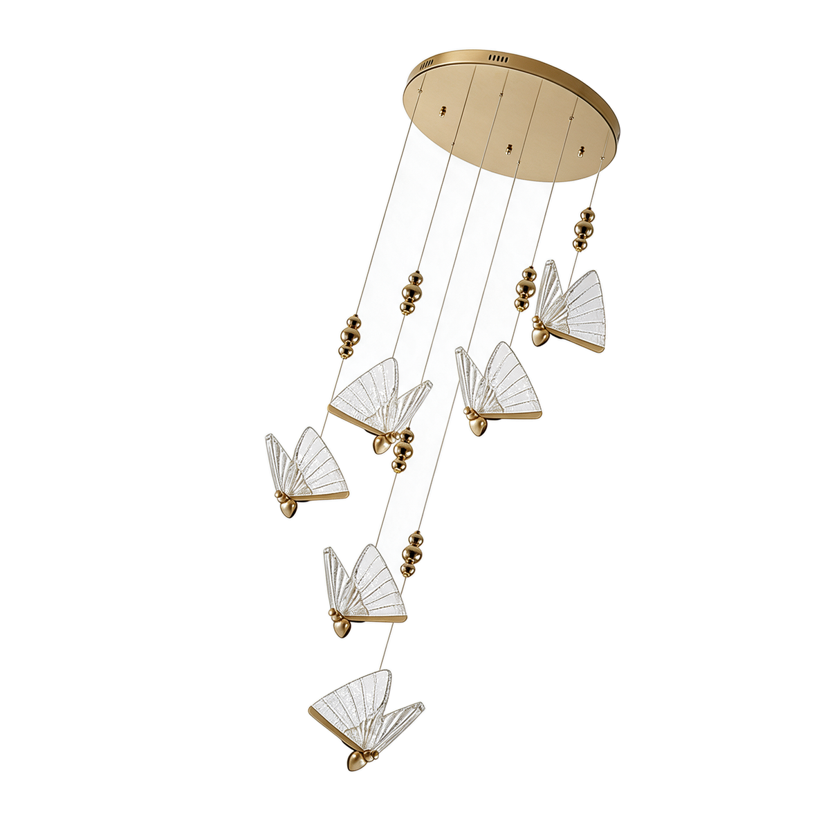 Sylphe — lustre papillons en verre transparent LED 52 × 52 cm, packshot fond blanc