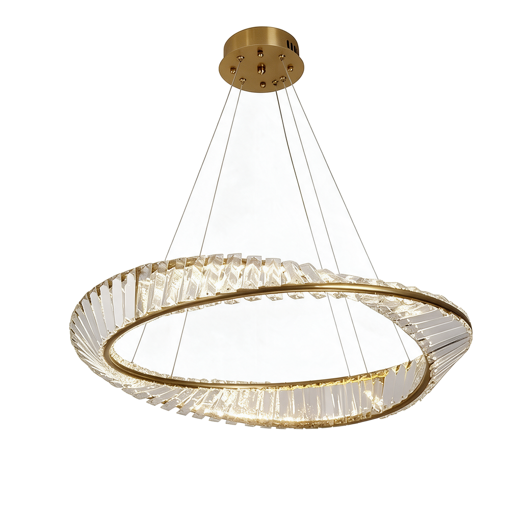 Ambre — suspension cristal anneau doré Ø60 cm, packshot fond blanc