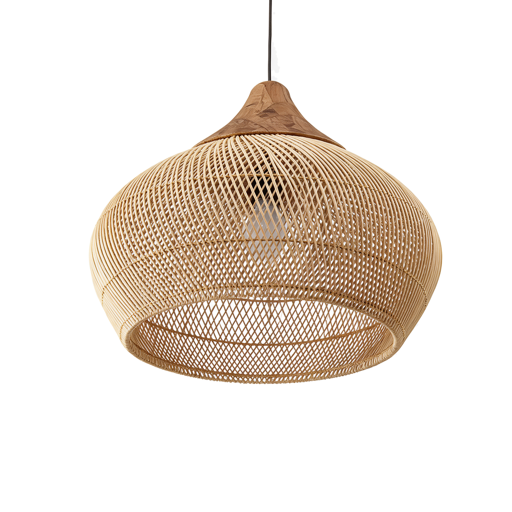 Alizé — suspension bulbe en rotin tressé naturel Ø40 × H40 cm, packshot fond blanc