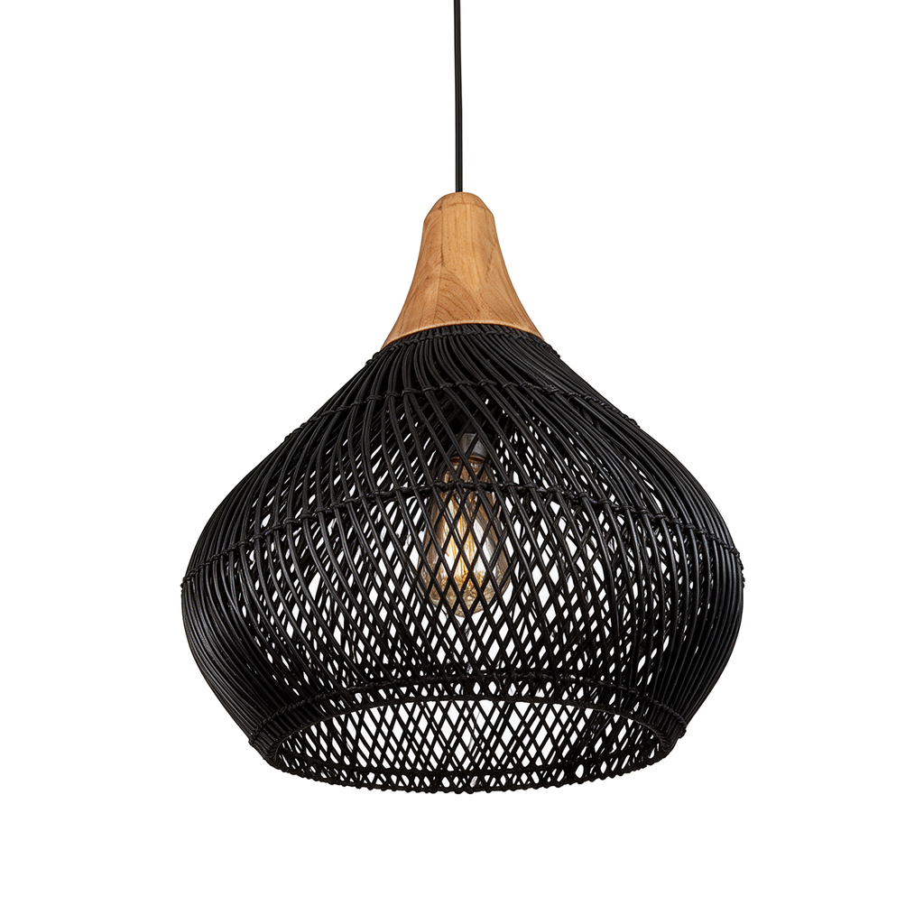 Ébène — suspension bulbe en rotin tressé noir Ø40 × H40 cm, packshot fond blanc