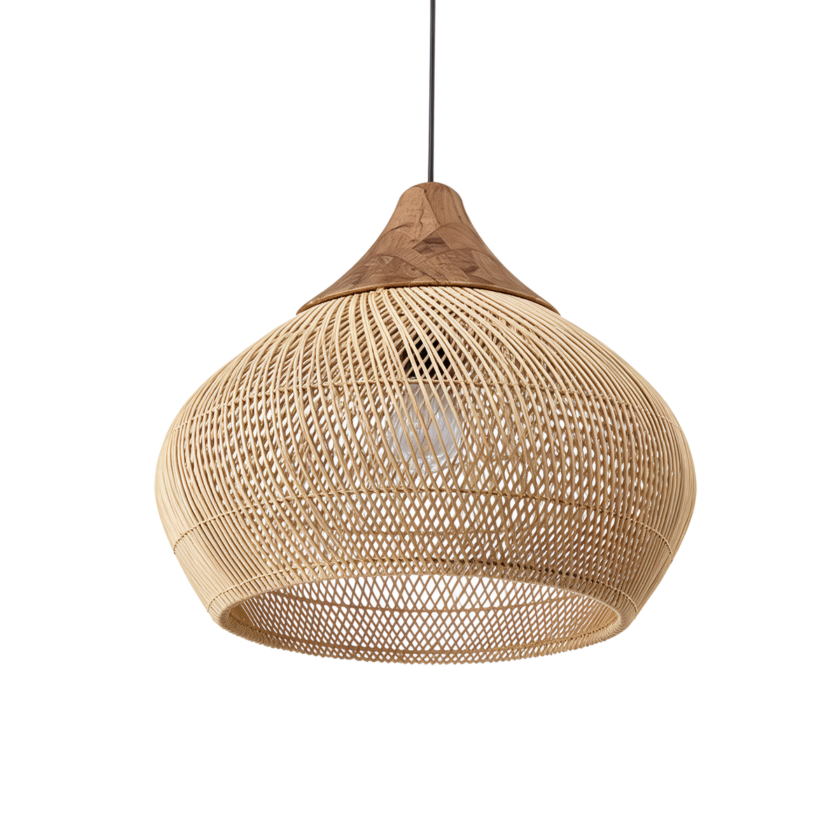 Baobab — suspension bulbe en rotin tressé naturel Ø50 × H50 cm, packshot fond blanc