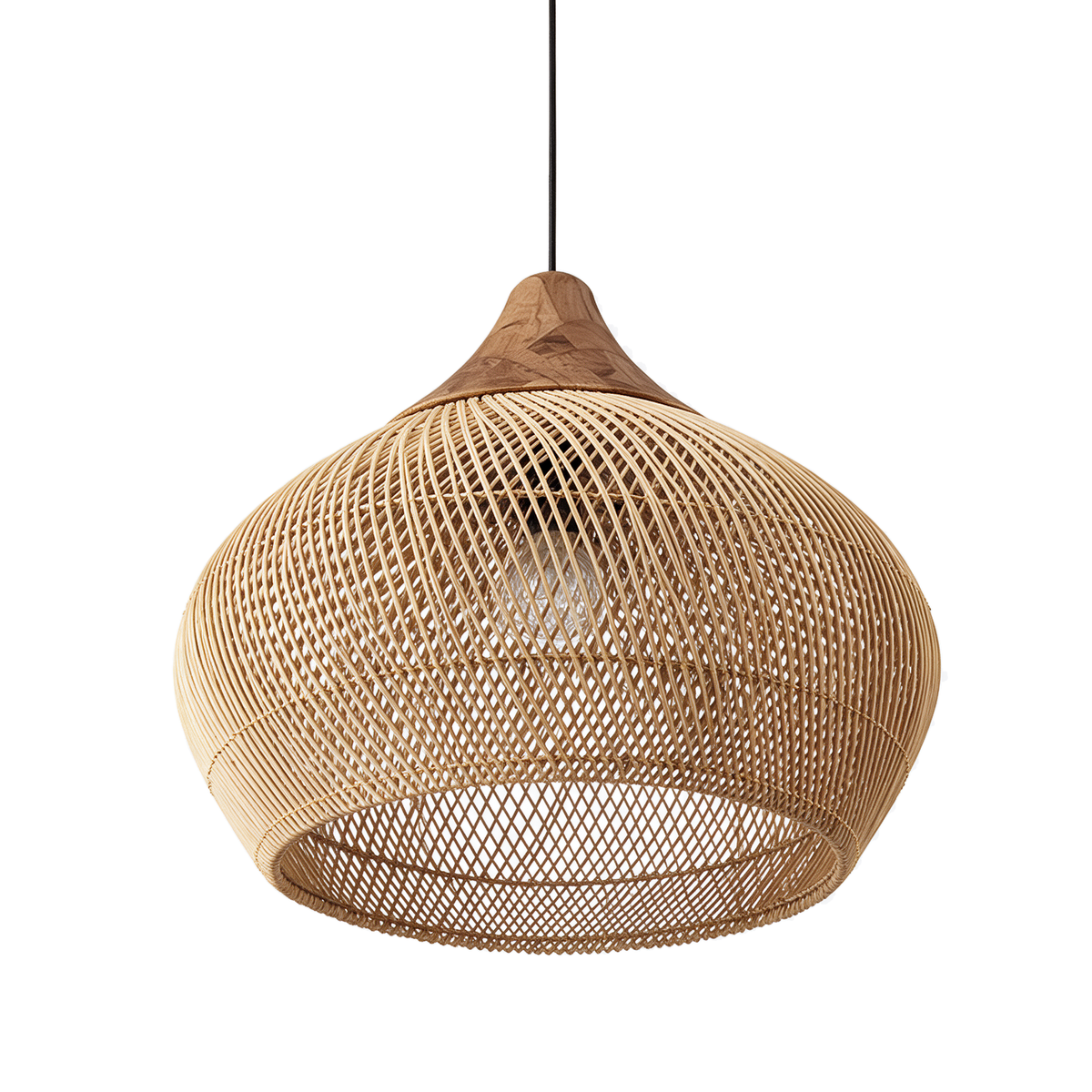 Lagon — suspension bulbe en rotin tressé naturel Ø60 × H45 cm, packshot fond blanc