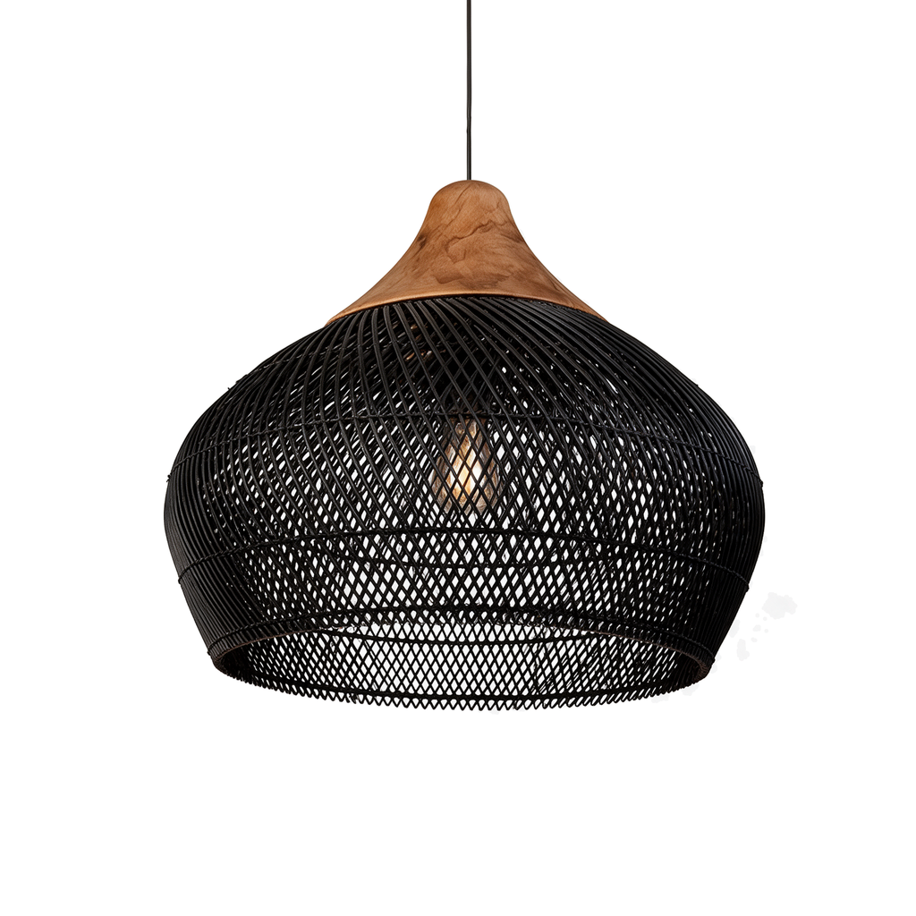 Obsidienne — suspension bulbe en rotin tressé noir Ø60 × H45 cm, packshot fond blanc