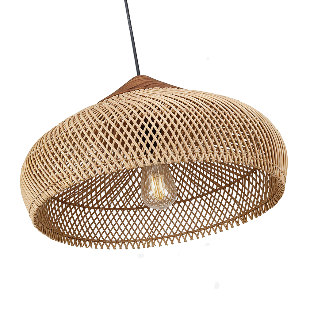 Savane — suspension à franges en rotin tressé naturel Ø60 × H30 cm, packshot fond blanc