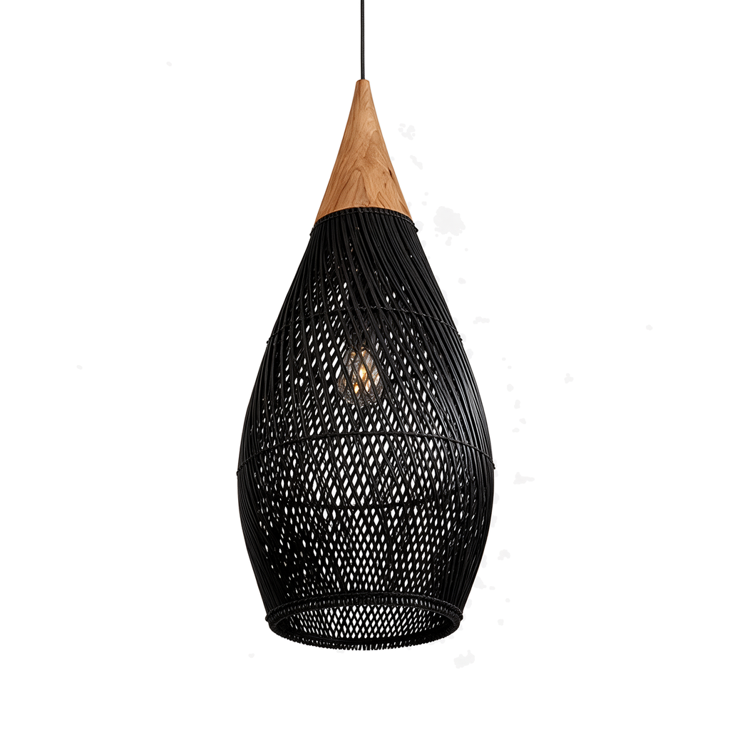 Basalte — suspension fuseau en rotin tressé noir Ø25 × H50 cm, packshot fond blanc