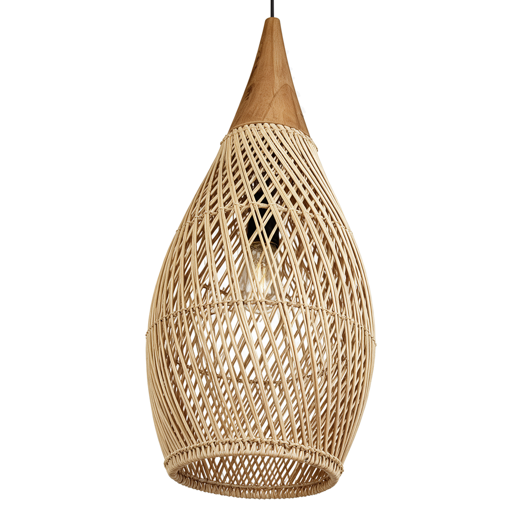 Roseau — suspension fuseau en rotin tressé naturel Ø35 × H70 cm, packshot fond blanc