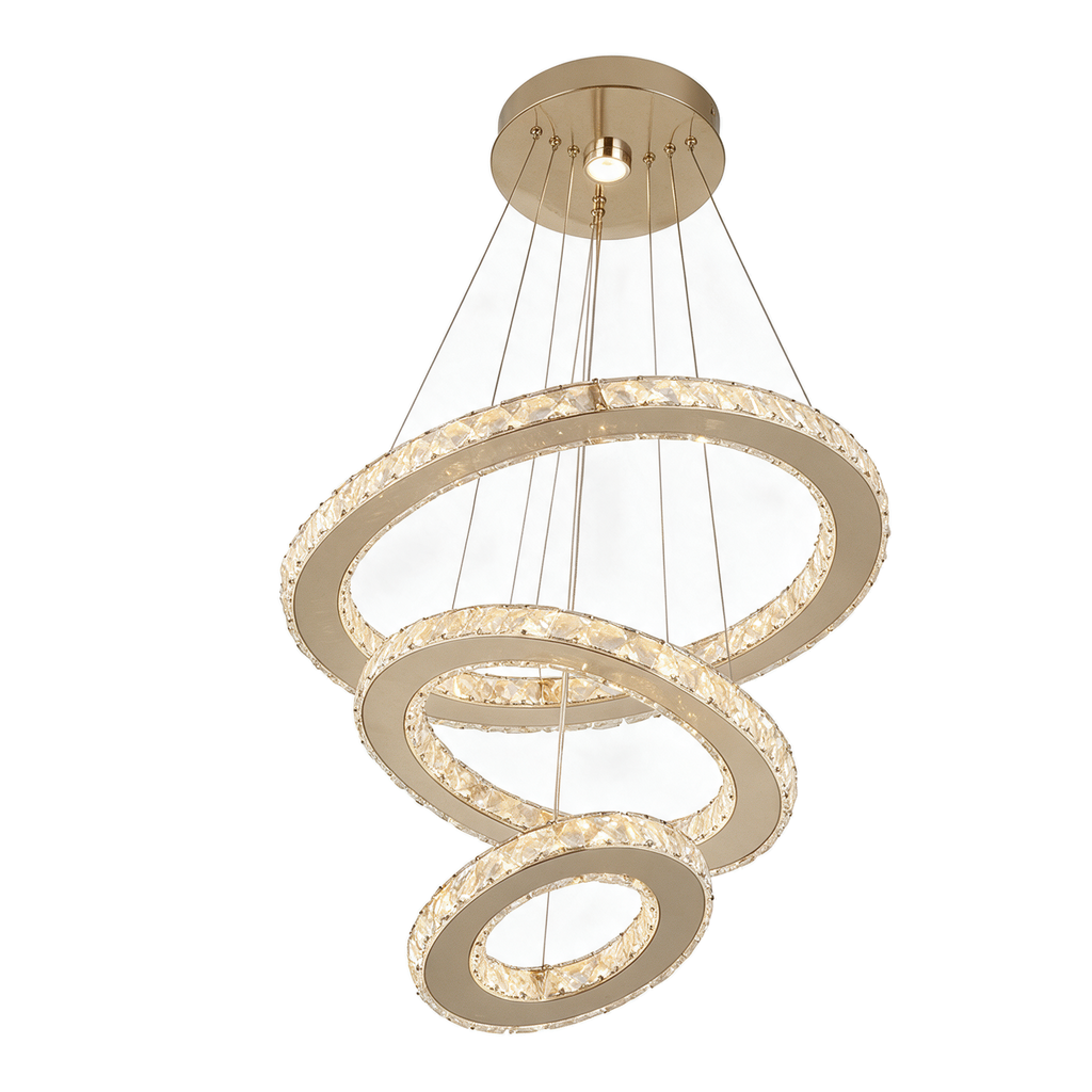 Champagne — lustre 3 anneaux or champagne cristal LED, packshot fond blanc