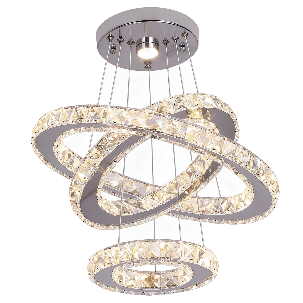 Saturne — lustre anneaux cristal LED chromé 47 × 47 cm, packshot fond blanc