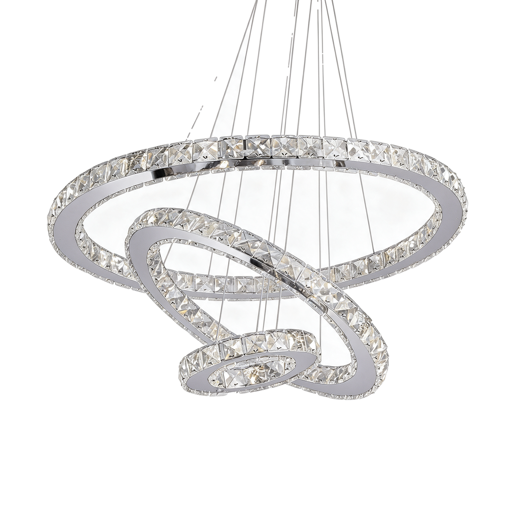 Triade — lustre 3 anneaux cristal LED chromé 66 × 66 cm, packshot fond blanc