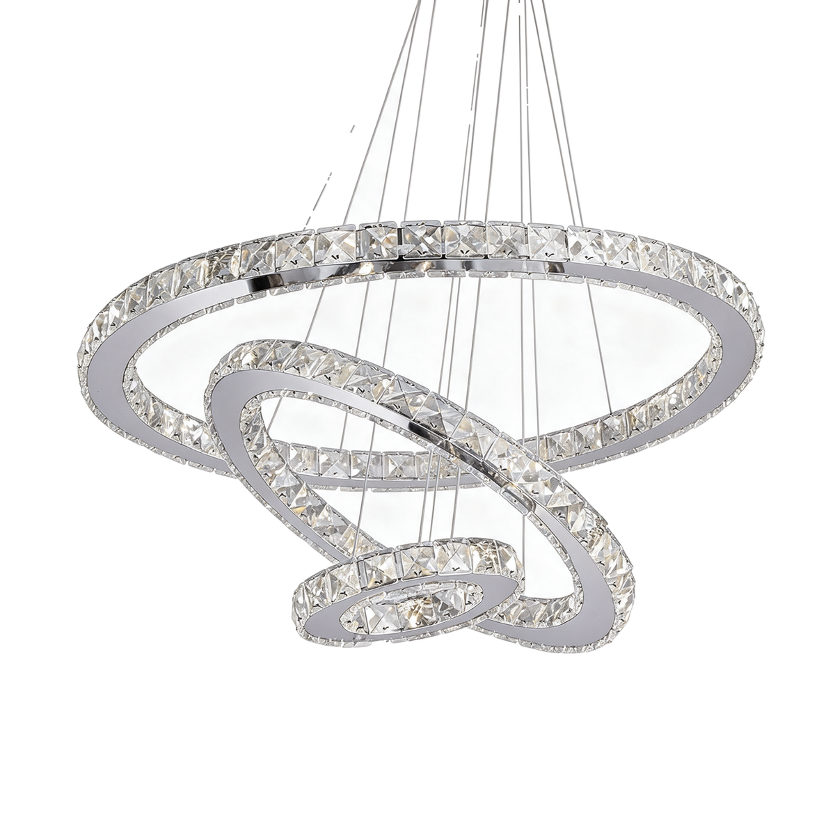 Triade — lustre 3 anneaux cristal LED chromé 66 × 66 cm, packshot fond blanc