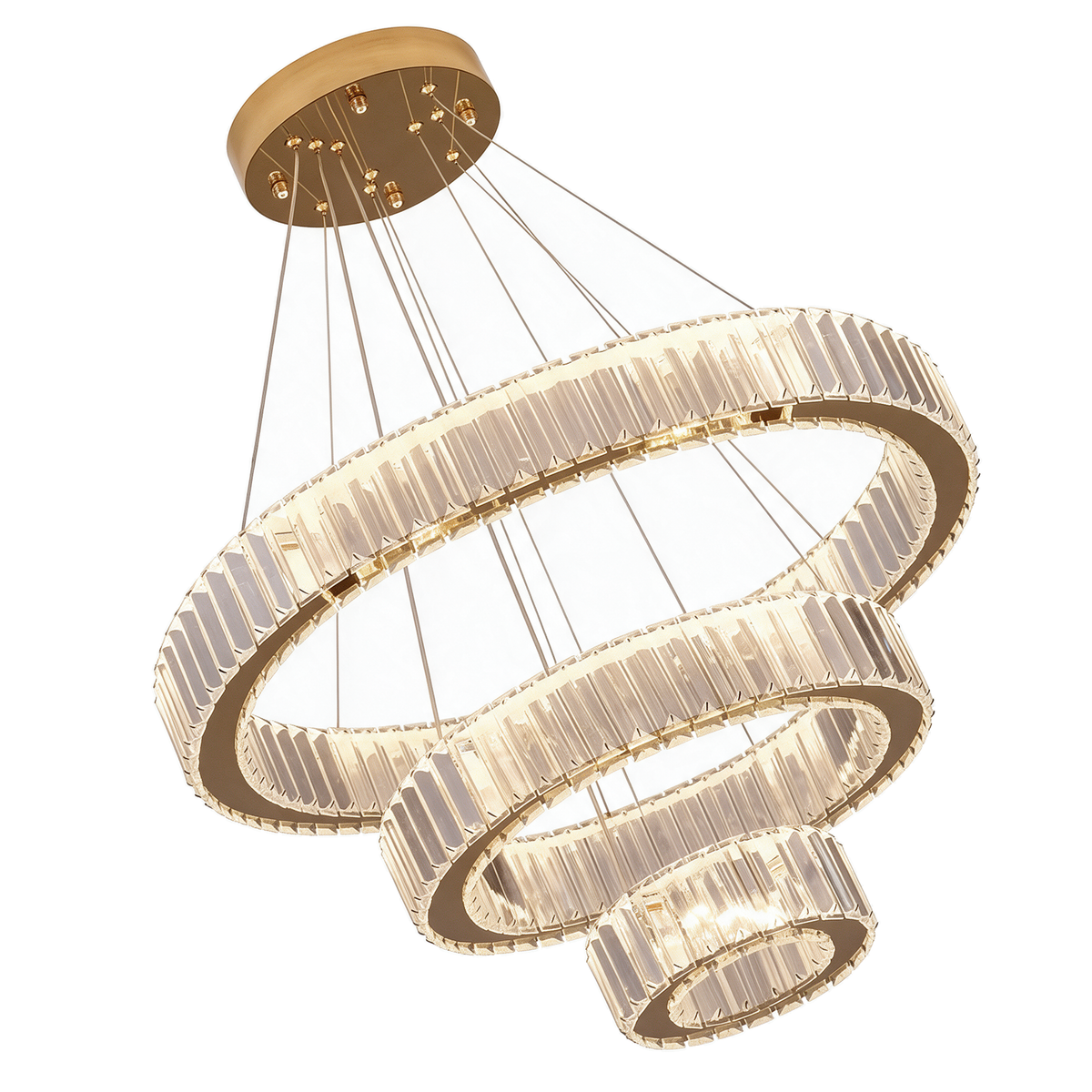 Galaxie — grand lustre 3 anneaux cristal LED doré 67 × 67 cm, packshot fond blanc