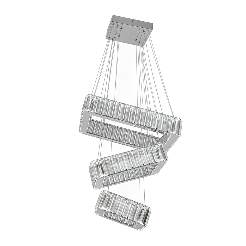 Trilogie — lustre 3 carrés cristal LED 45 × 45 cm, packshot fond blanc