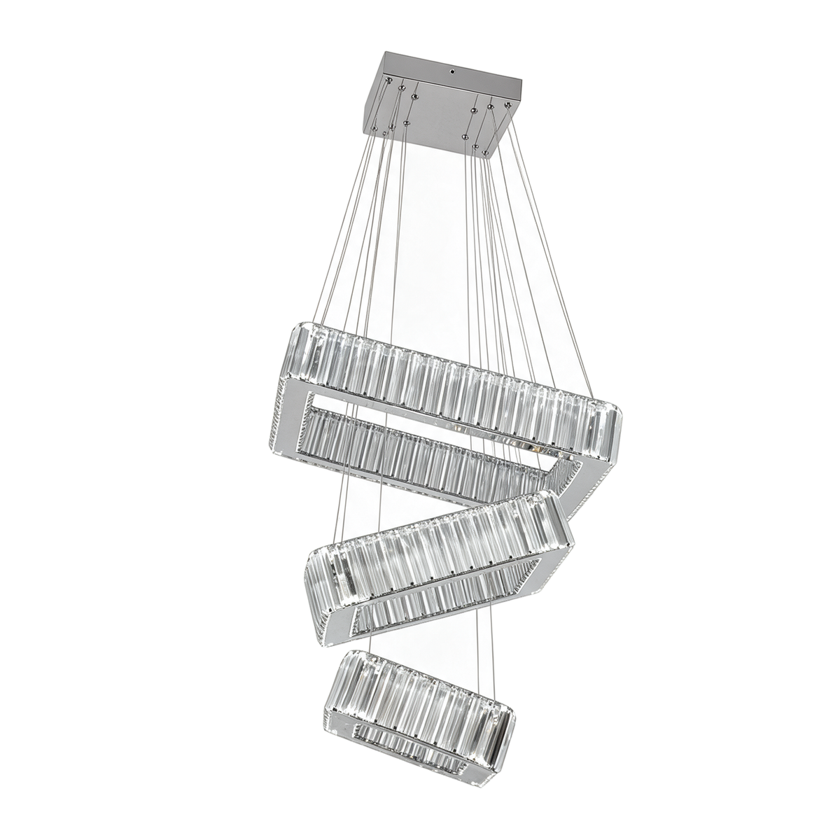 Trilogie — lustre 3 carrés cristal LED 45 × 45 cm, packshot fond blanc