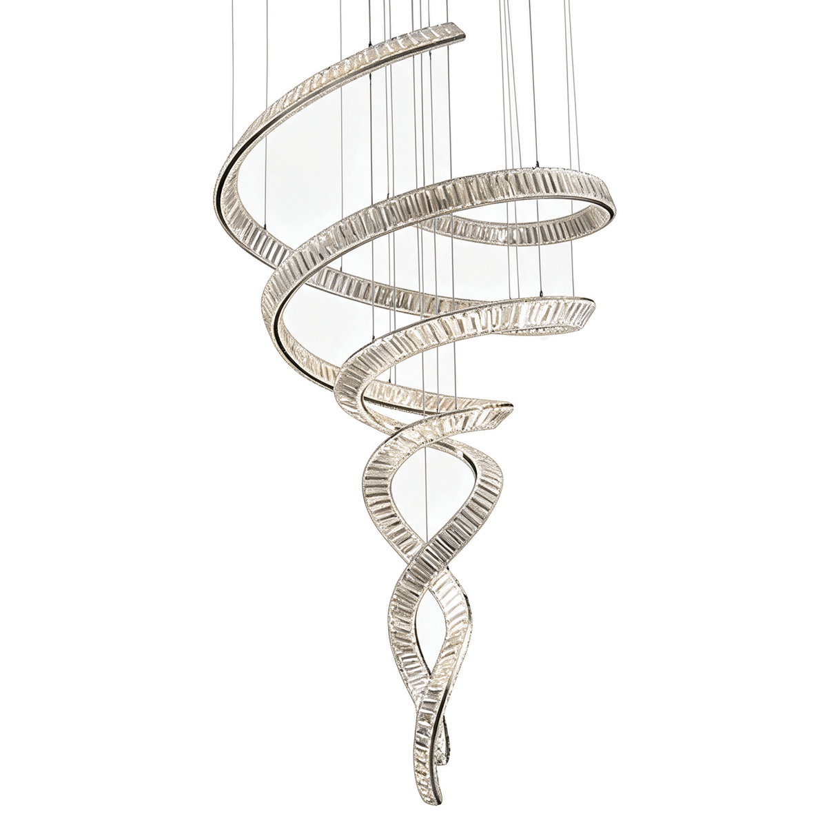Belvédère — grand lustre hélice cristal et inox 158 × 68 cm, packshot fond blanc