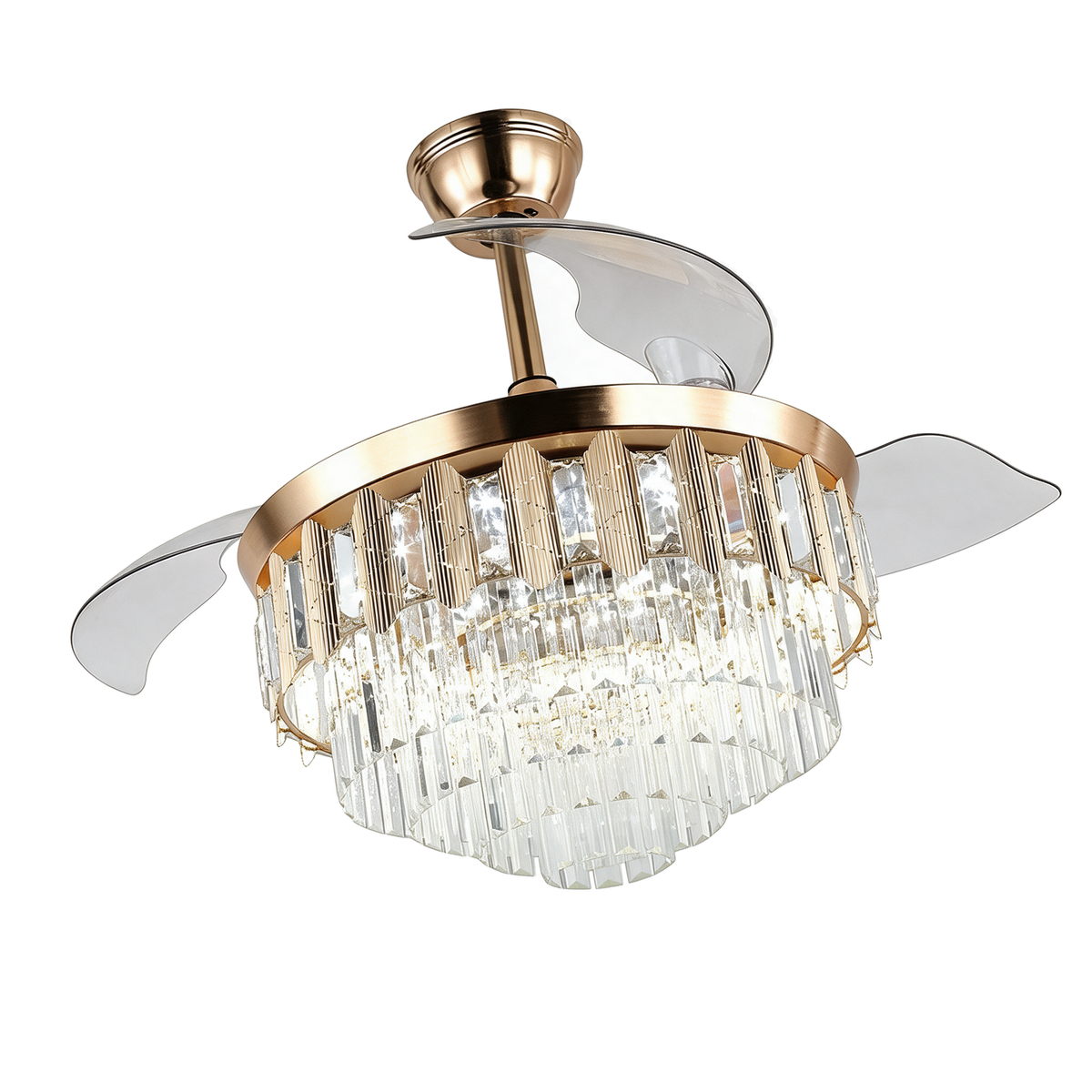 Zéphyr — ventilateur-lustre cristal LED 42″ (Ø107 cm) en fer, packshot fond blanc